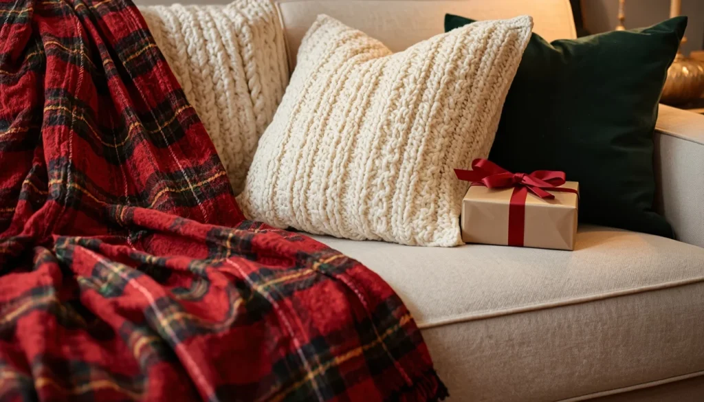  Christmas textiles layered on a sofa — one of the quickest and most effective living room ideas for Christmas