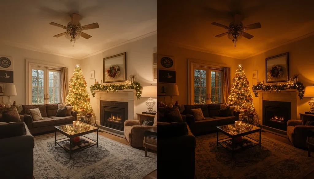 Overhead vs warm low light comparison — proving lighting is the most important of all living room ideas for Christmas