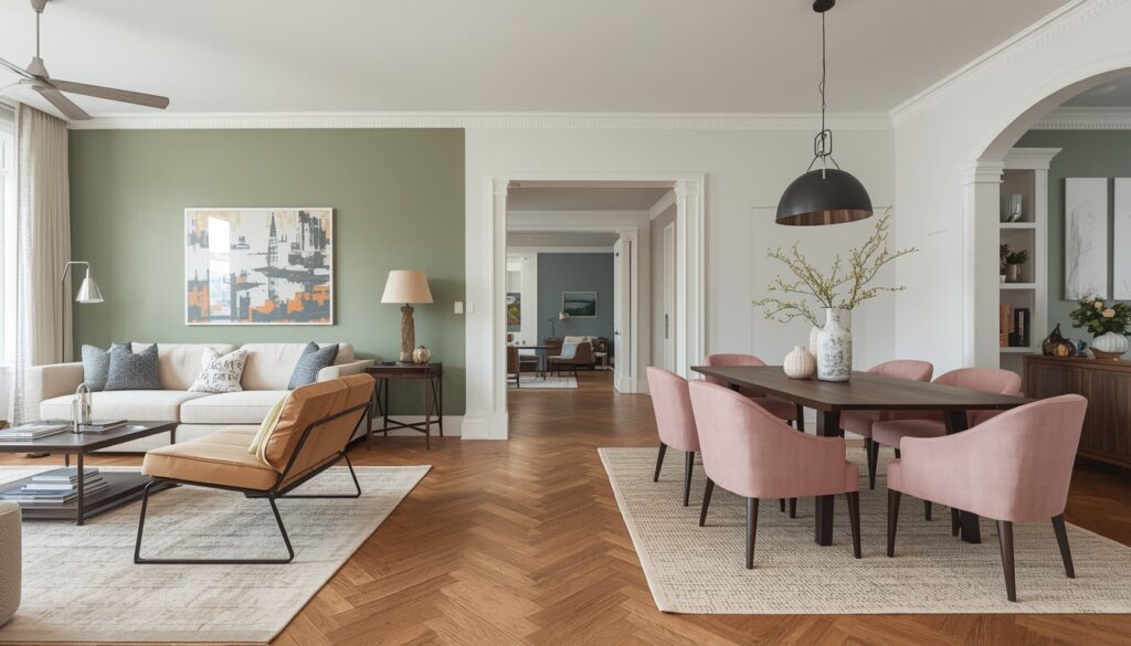 sage green living room zone with pink dining area open plan paint makeover