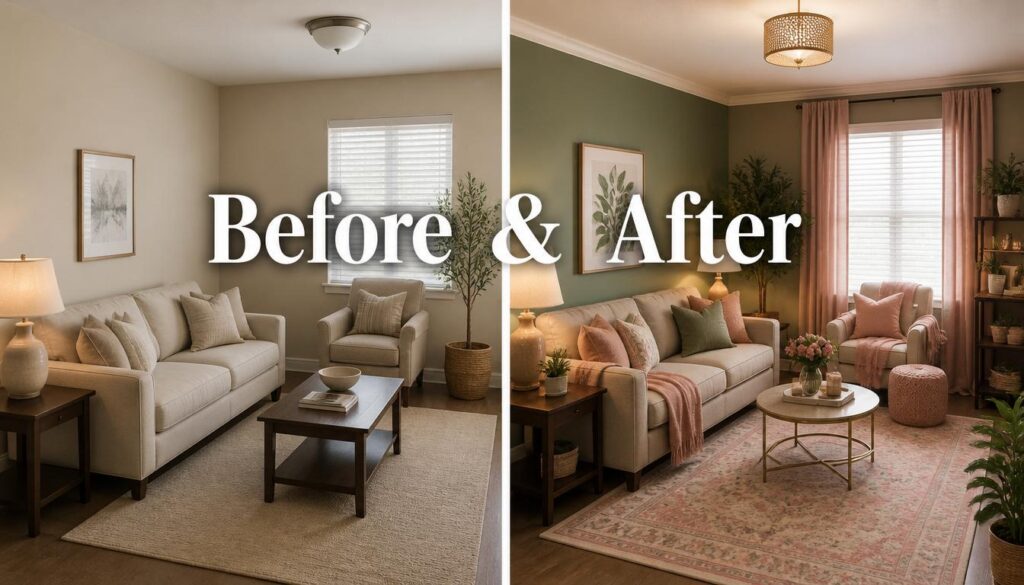 before and after pink green living room paint makeover transformation