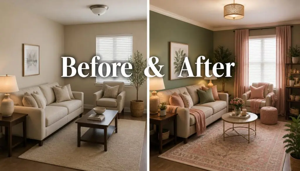 before and after pink green living room paint makeover transformation