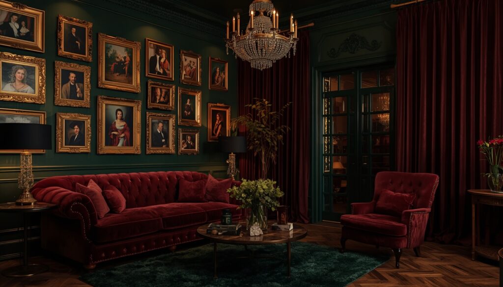 dark green and deep rose maximalist living room paint makeover dramatic style