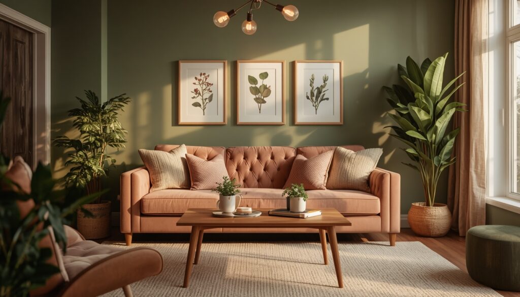 finished pink green living room paint makeover reveal beautiful sage green and blush pink room