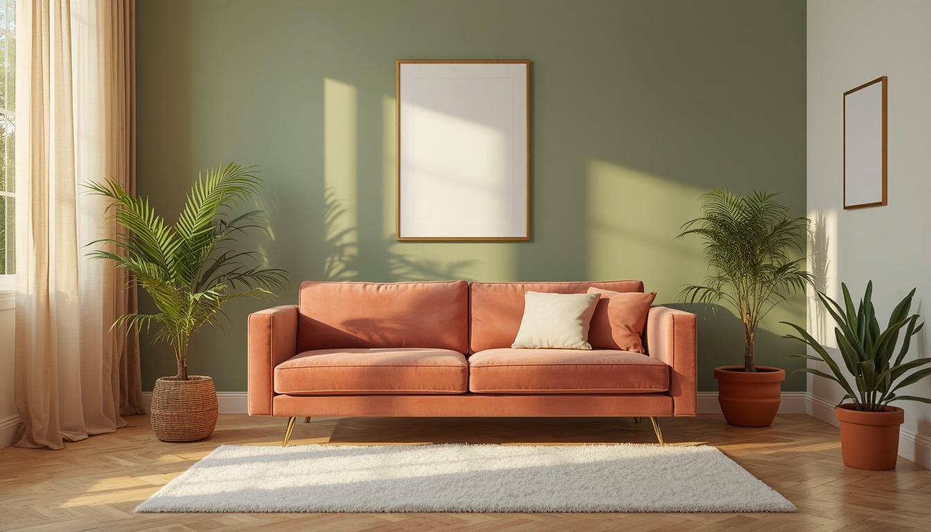 pink green living room paint makeover with sage green accent wall and dusty pink velvet sofa