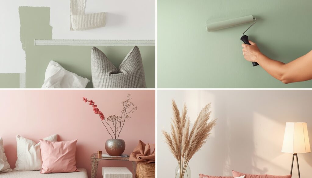 step by step pink green living room paint makeover process guide