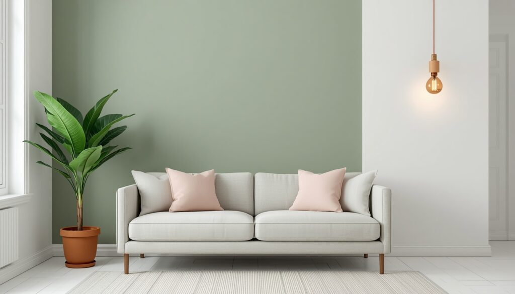 sage green accent wall with pink accents living room paint makeover idea