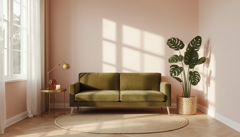 blush pink living room walls with sage green velvet sofa decor idea