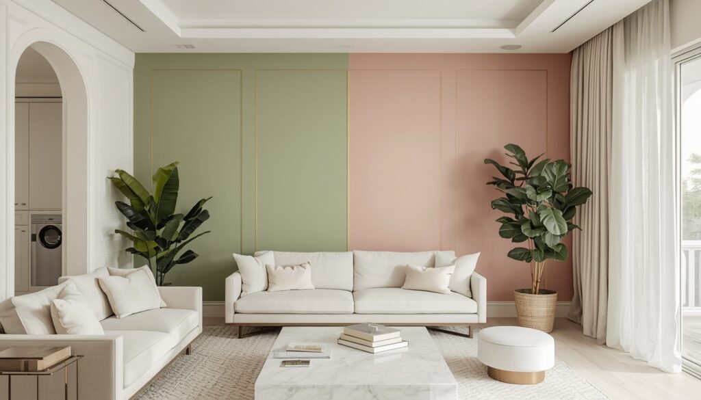 two tone pink and green living room paint makeover with horizontal color split walls