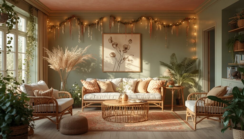 pink ceiling sage green walls living room paint makeover cottagecore style
