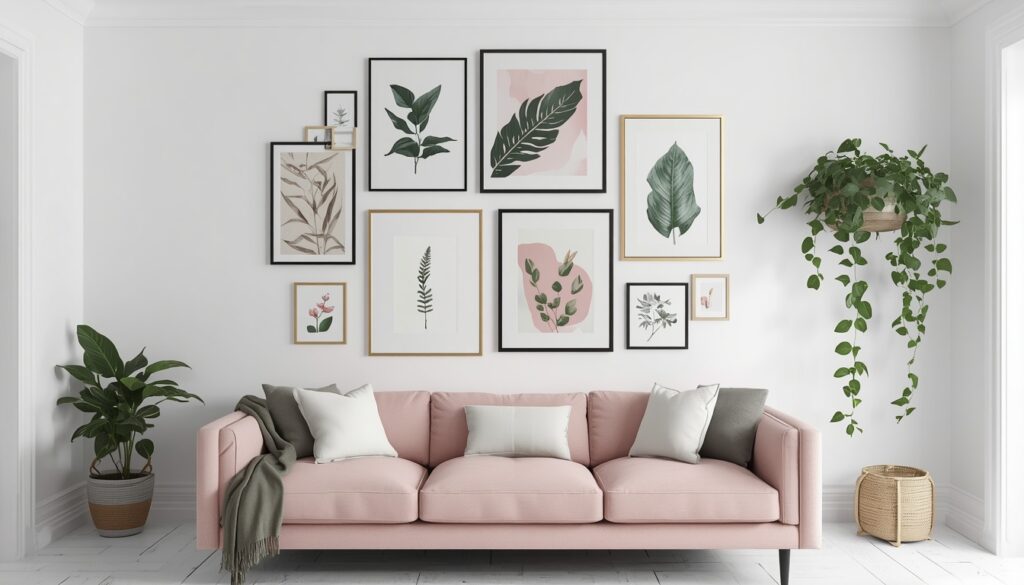 pink and green gallery wall living room decor on white walls