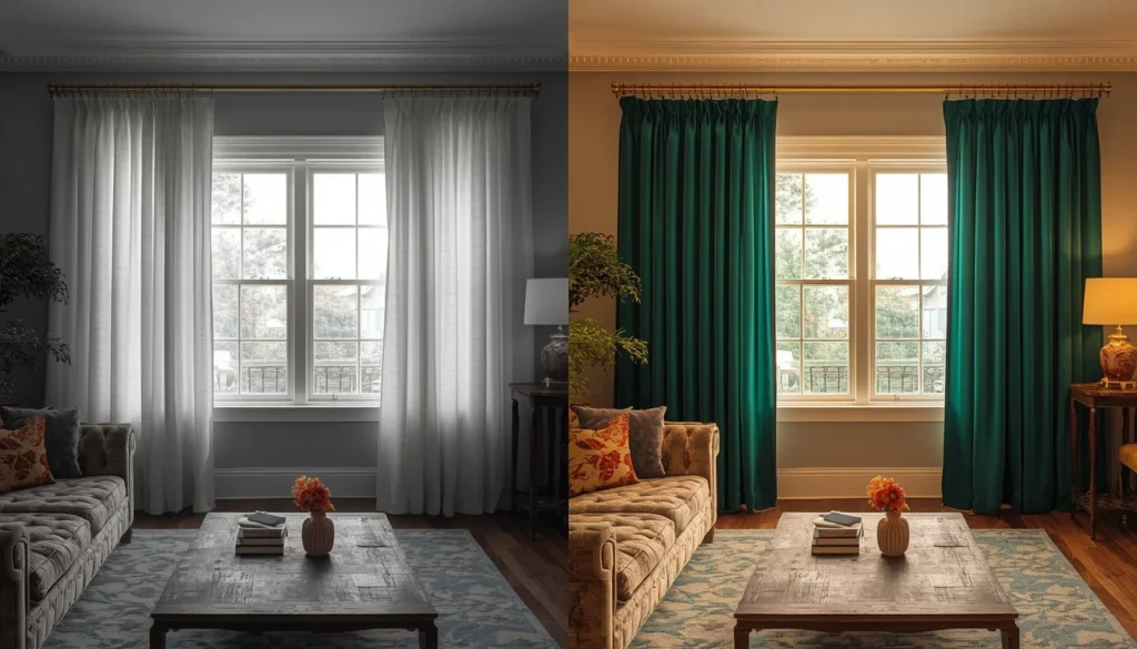 Before and after comparison showing the impact of luxury curtains for living room on interior style