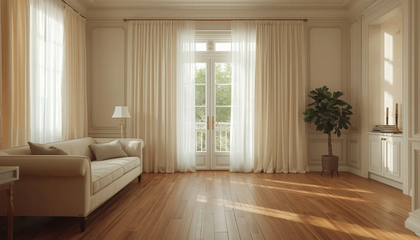 Luxury curtains for living room with floor-to-ceiling silk drapes in ivory and gold hardware