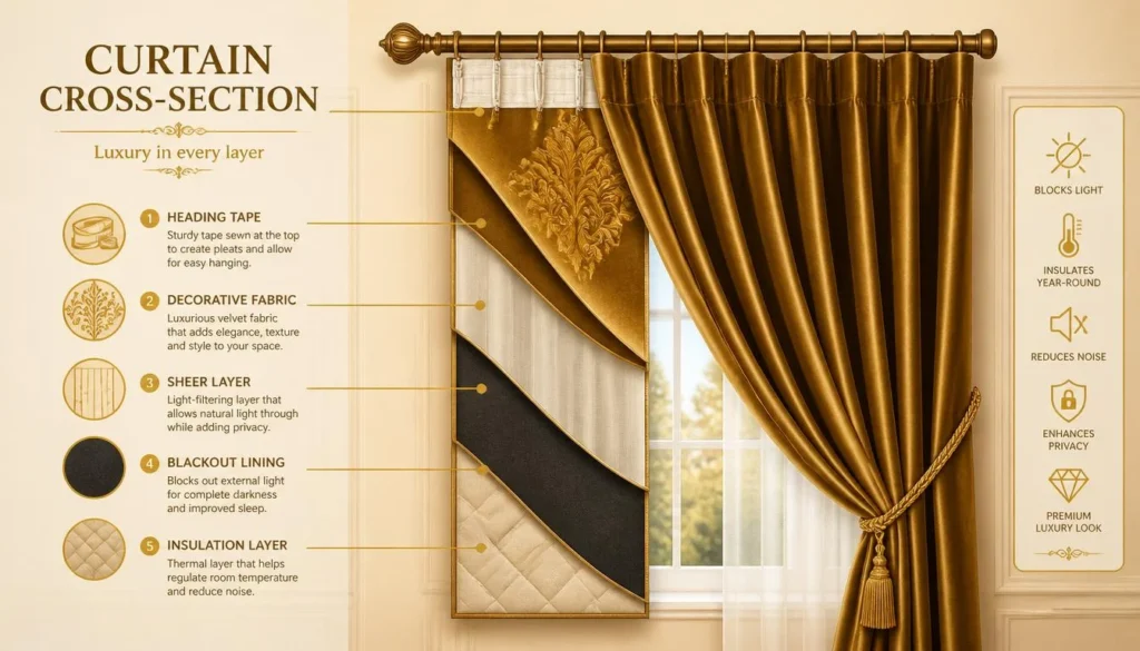Diagram showing functional layers of luxury curtains for living room including thermal lining and blackout layer