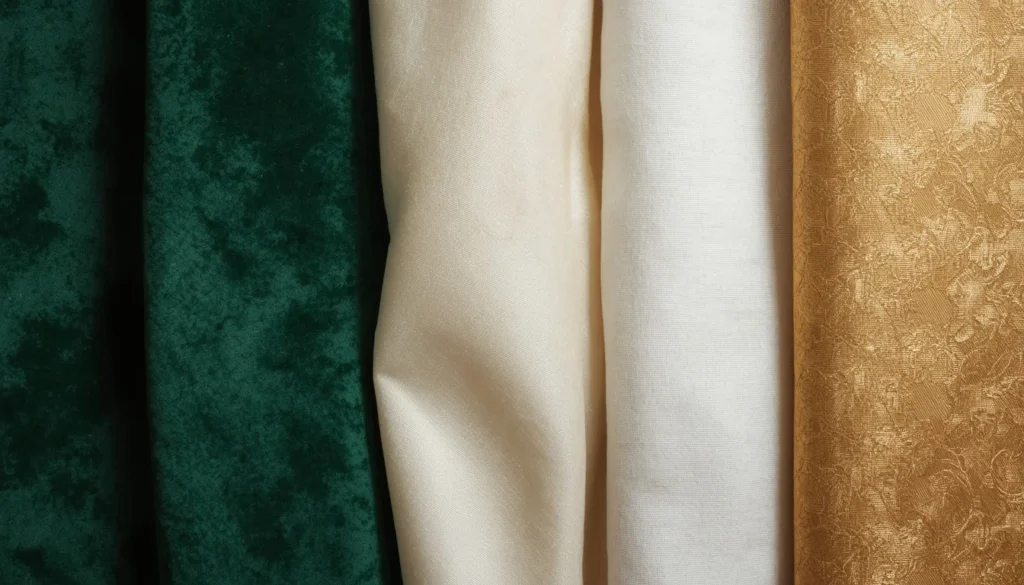 Fabric comparison swatches for luxury curtains for living room including velvet, silk, linen, cotton, and brocade