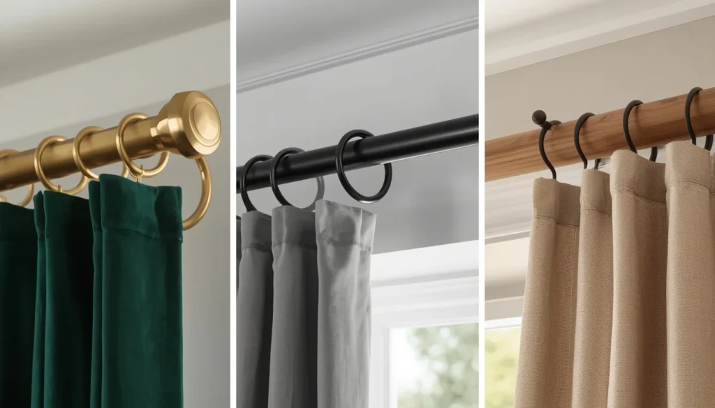 Curtain hardware comparison showing brass, black, and wood rods for luxury curtains for living room