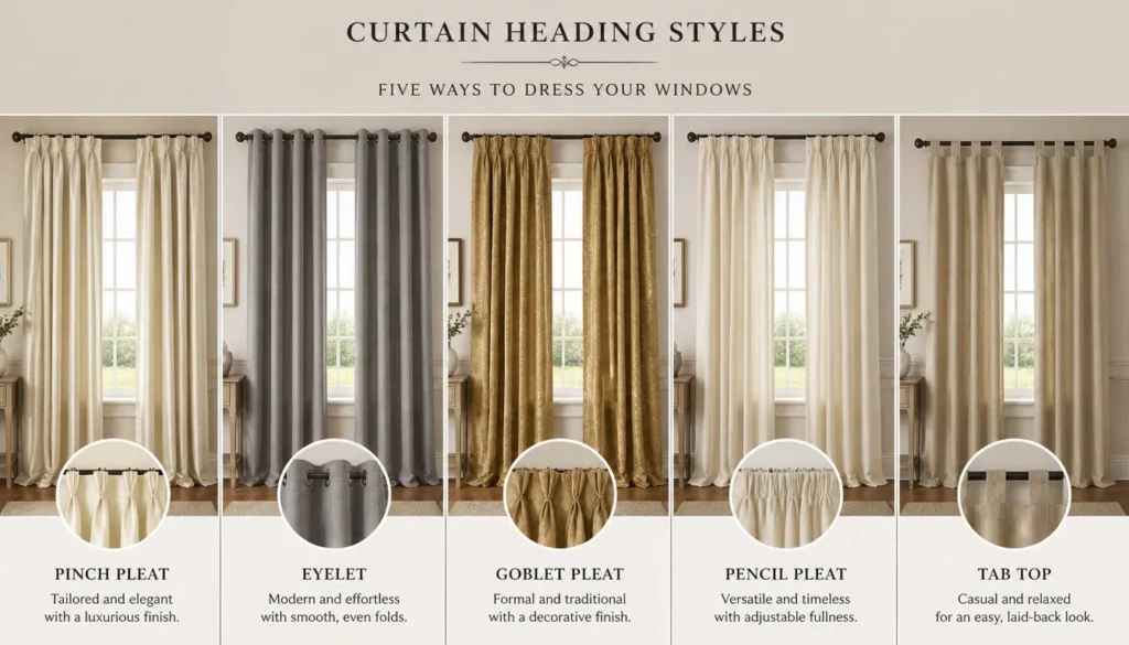 Curtain heading styles comparison for luxury curtains for living room: pinch pleat, eyelet, goblet, pencil pleat, tab top