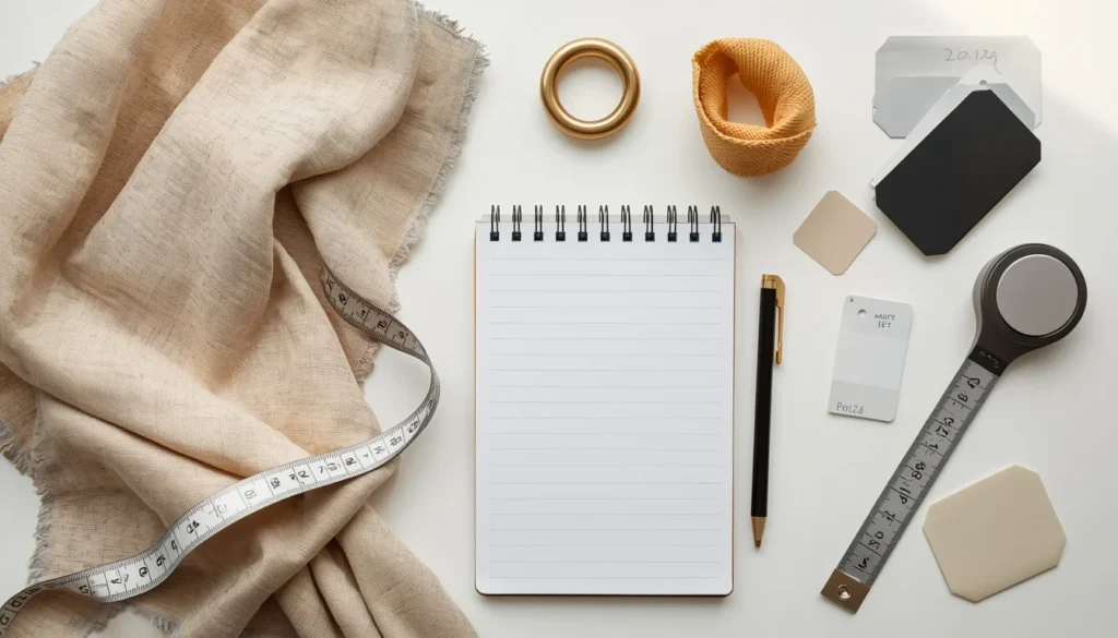 Tools and steps for buying luxury curtains for living room including measuring tape, fabric samples, and hardware