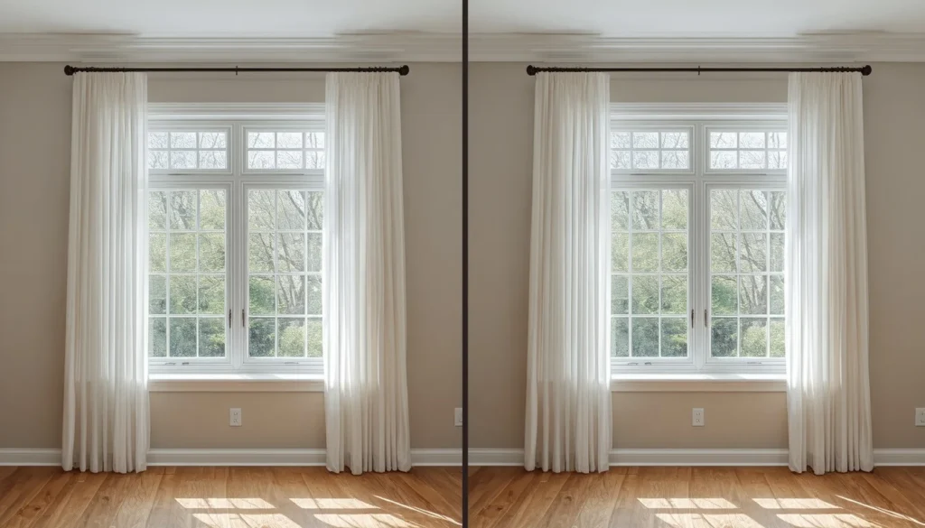 Common mistake of hanging curtain rod too low versus correct ceiling-height positioning for luxury curtains for living room