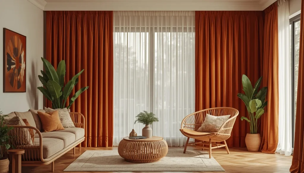 2026 luxury curtain trends for living room featuring terracotta velvet with goblet pleat heading and layered sheers