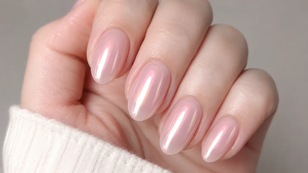 glazed donut pink nails chrome shimmer cute pink nail ideas