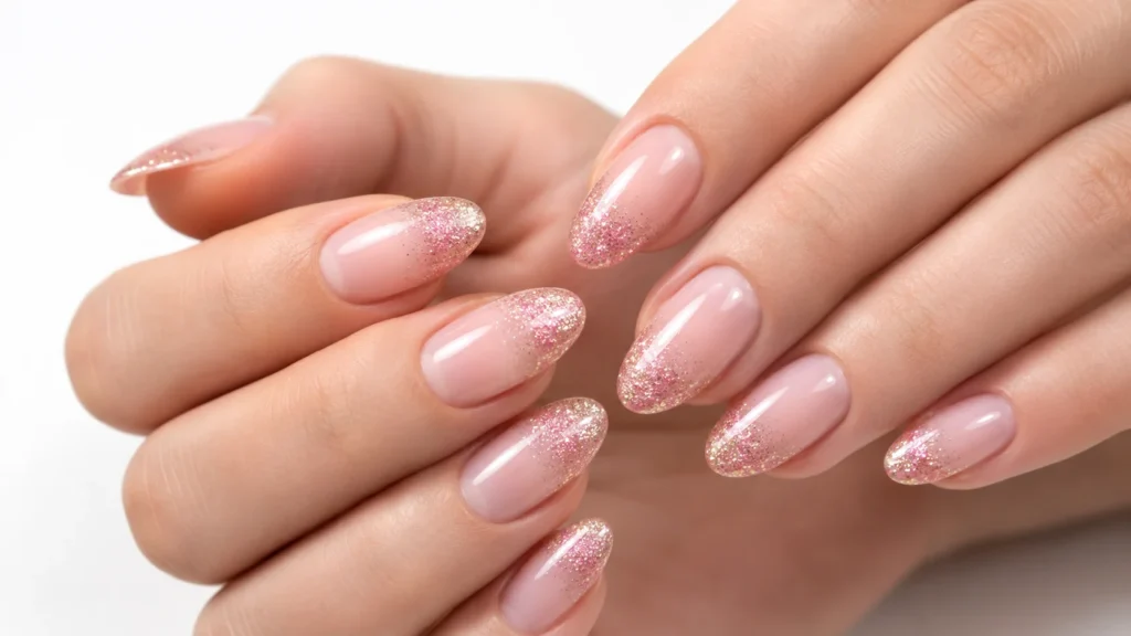 pink French tip glitter nails cute pink nail ideas 2025