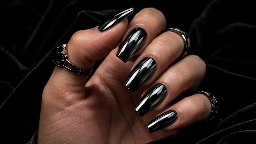 black chrome shimmer nail ideas 2026 edgy mirror nails dark aesthetic