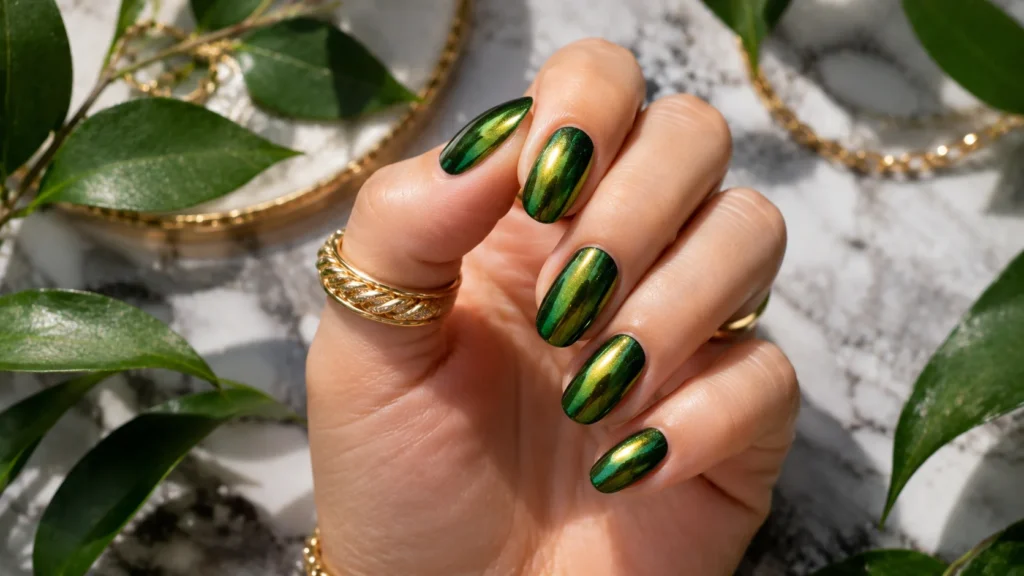 emerald green duochrome shimmer nail ideas 2026 color-shifting jewel tone nails