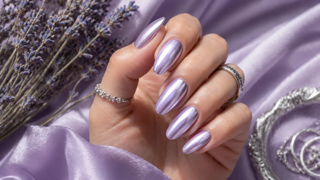 lavender chrome shimmer nail ideas 2026 pastel metallic dreamy nail art