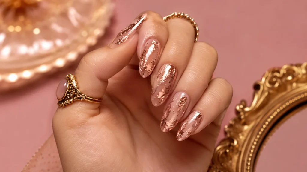 rose gold foil shimmer nail ideas 2026 metallic elegant look
