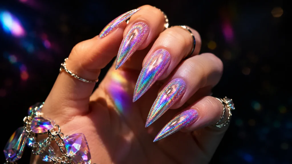 holographic rainbow shimmer nail ideas 2026 prismatic sparkle nail art