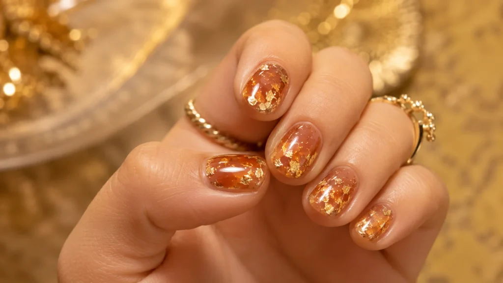 gold foil flake shimmer nail ideas 2026 luxury gilded nail art