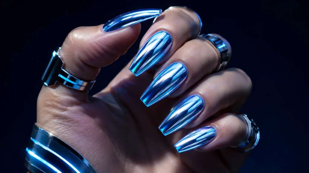  ice blue chrome shimmer nail ideas 2026 futuristic cool toned nails