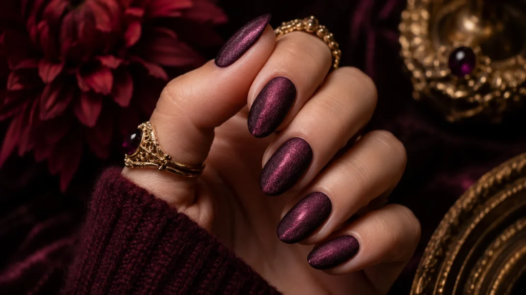 velvet shimmer nail ideas 2026 matte metallic jewel tone nail art
