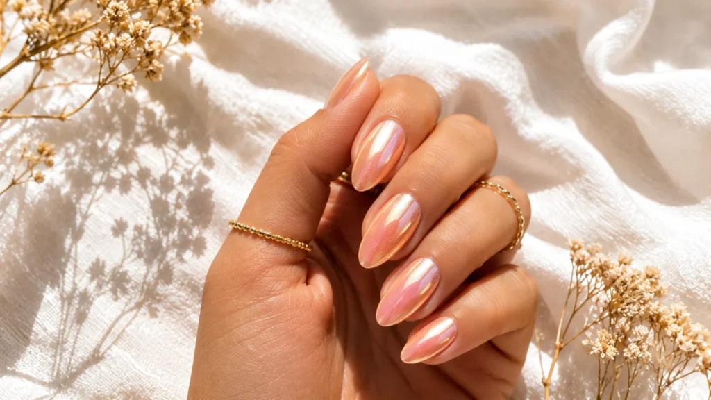  peach iridescent shimmer nail ideas 2026 summer warm toned nail art