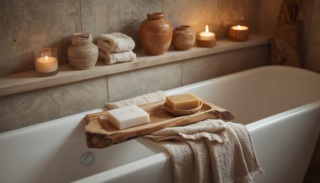 wabi-sabi organic texture spa bathroom at home 2026 aesthetic