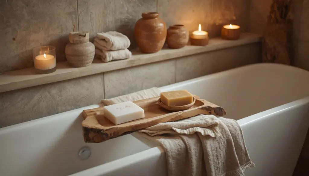 wabi-sabi organic texture spa bathroom at home 2026 aesthetic