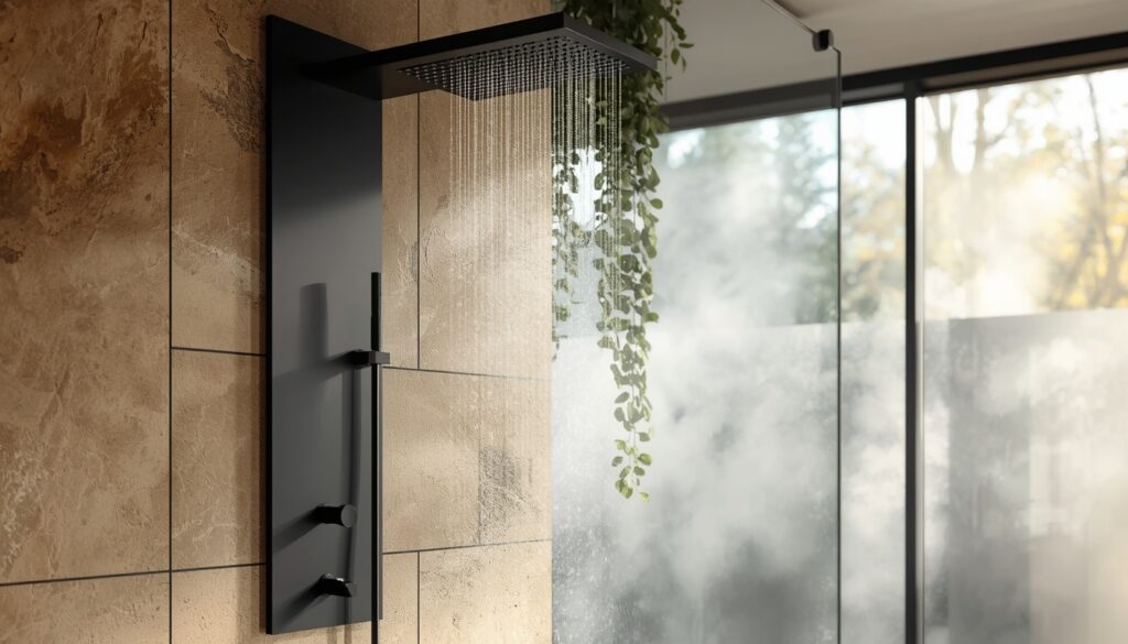 spa bathroom at home 2026 rainfall shower upgrade with matte black ceiling fixture