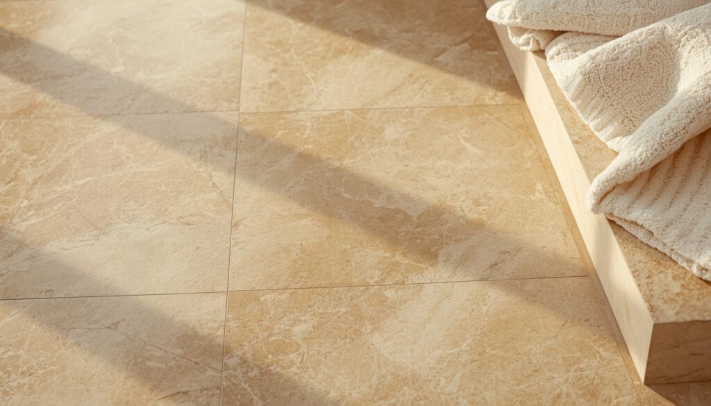 spa bathroom at home 2026 warm stone terrazzo tile flooring trend
