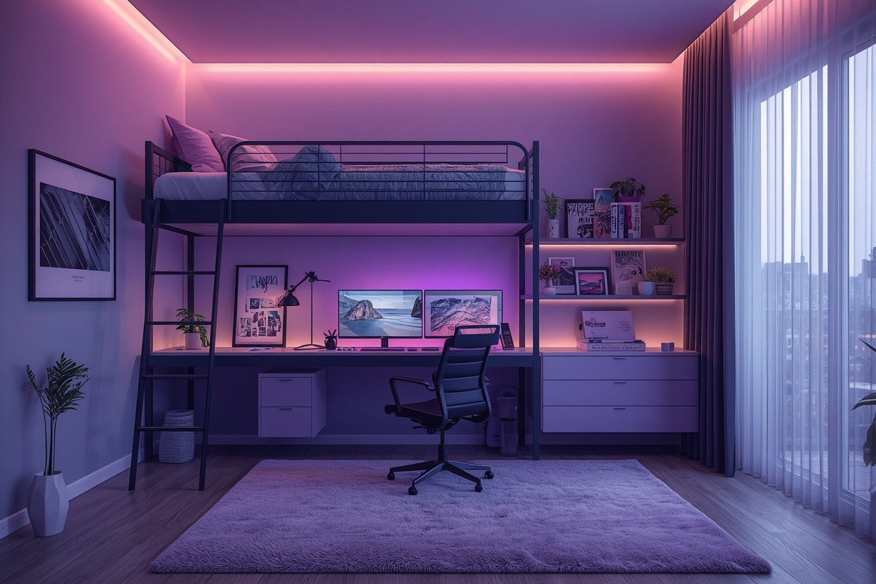 teen bedroom ideas 2026 - modern aesthetic teen room with LED lights and loft bed