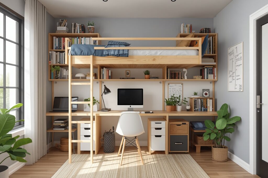 multi-functional teen bedroom ideas with loft bed and study area