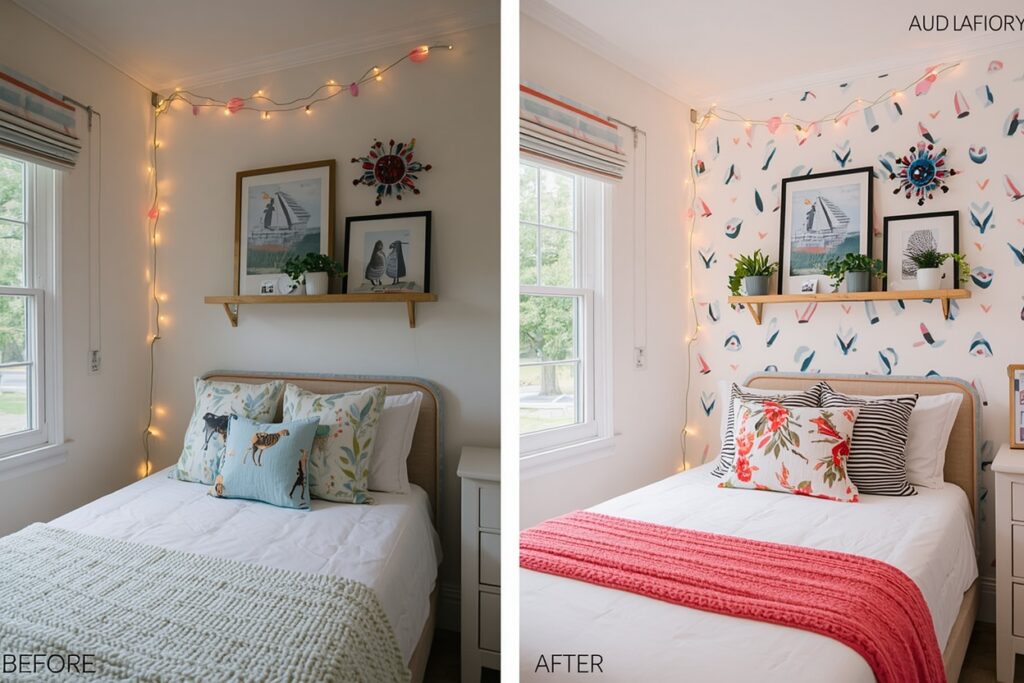 budget teen bedroom ideas under 100 dollars with fairy lights and peel-and-stick wallpaper