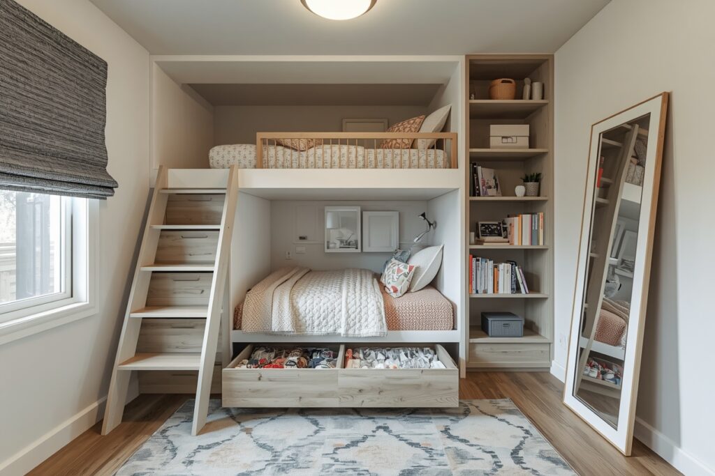 small teen bedroom ideas to maximize space with loft bed and mirrors