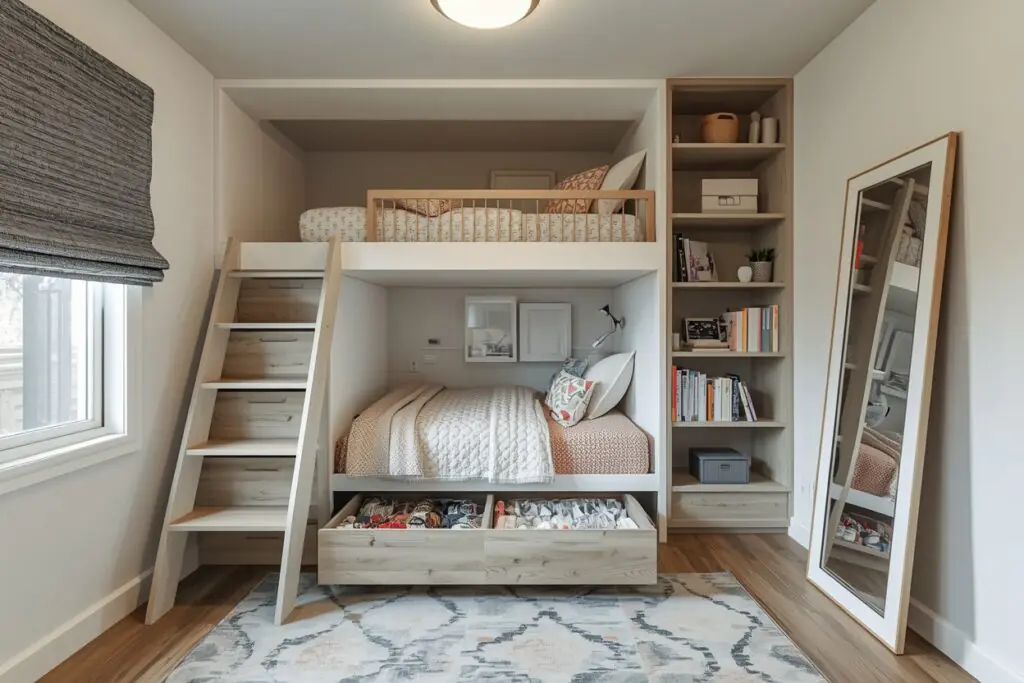 small teen bedroom ideas to maximize space with loft bed and mirrors