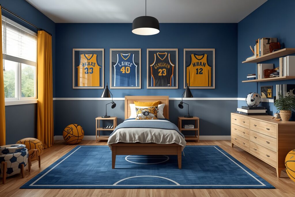 teen bedroom ideas for sports fans with framed jerseys and team colors