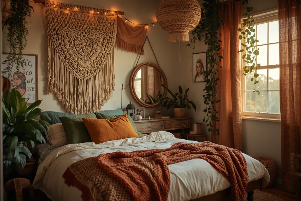 boho teen bedroom ideas with macrame and warm earthy tones