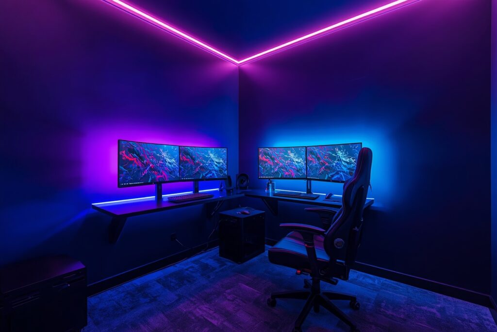 teen bedroom ideas for gamers with dual monitor setup and RGB lighting