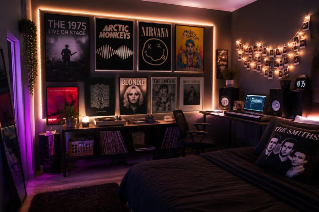 teen bedroom ideas for music fans with gallery wall and vinyl record display