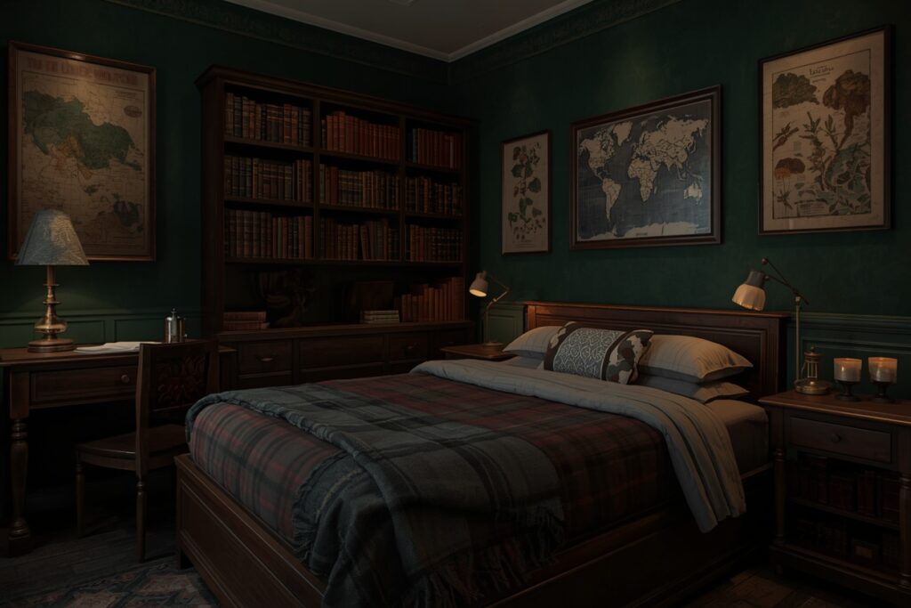 dark academia teen bedroom ideas with green walls and vintage decor
