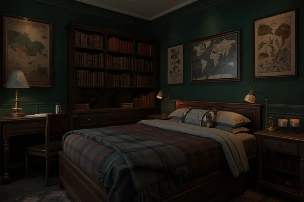 dark academia teen bedroom ideas with green walls and vintage decor