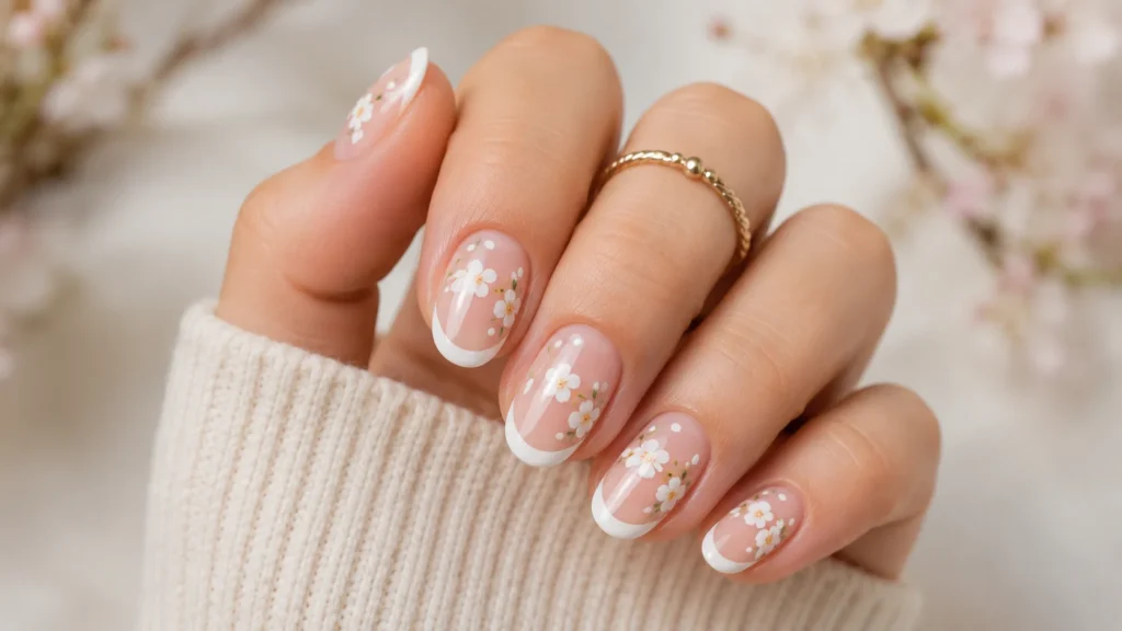 white french tip nails with floral nail art flowers